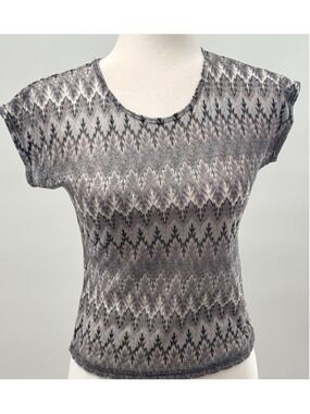 Aqua Girl Metallic Knit Top Medium Y2K Chevron Chevron Pattern Short Sleeve